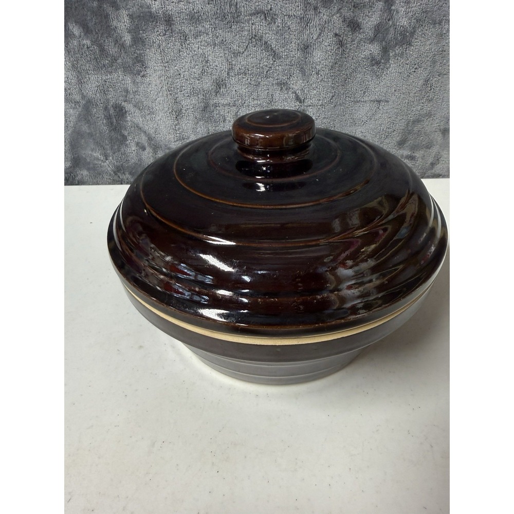 Brown Stoneware Pottery Crock Casserole Mixing Bowl Ribbed Sides USA